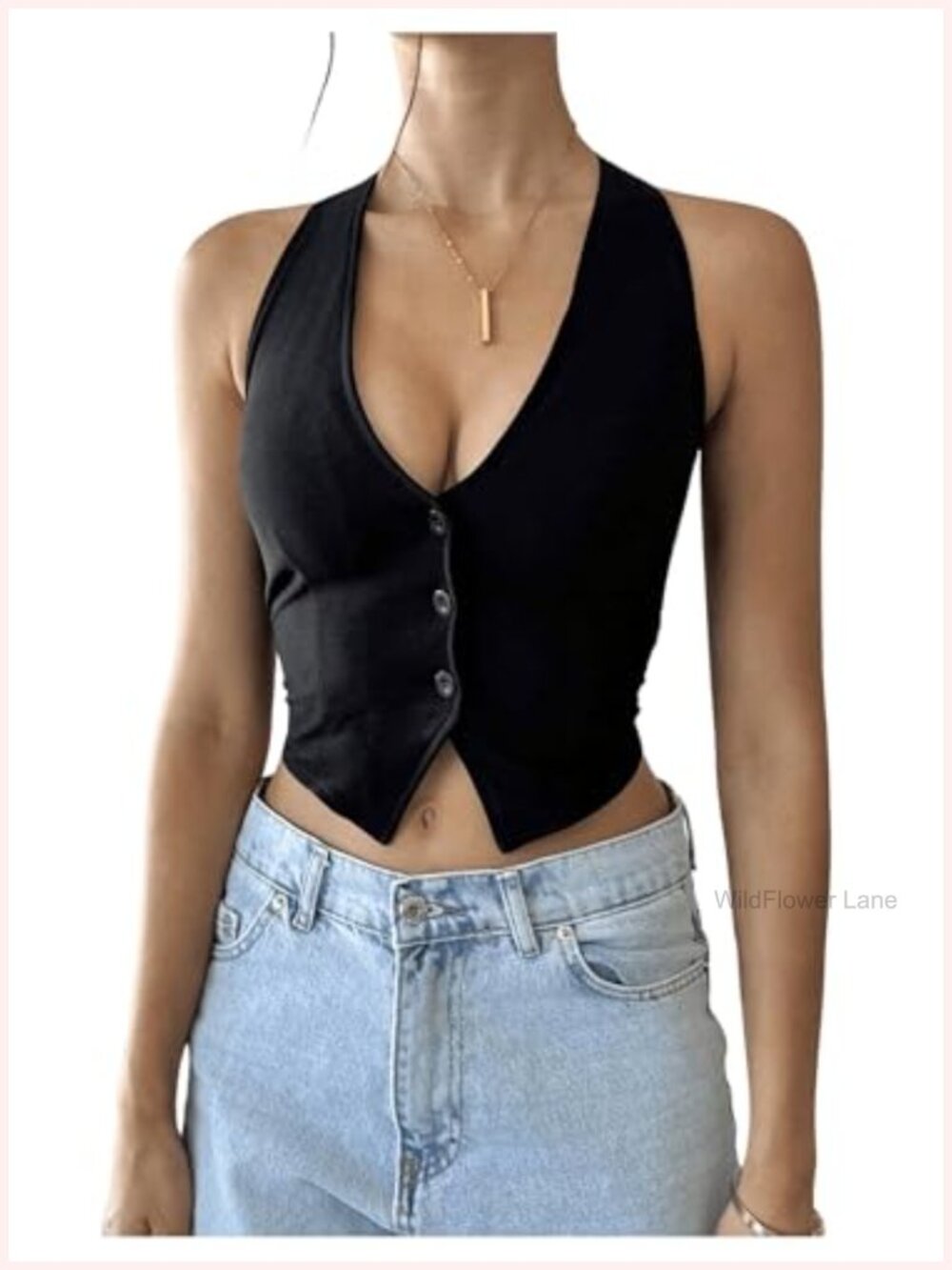 Cropped Halter Vest Top Button Down Backless Asymmetrical Hem Slim Fit